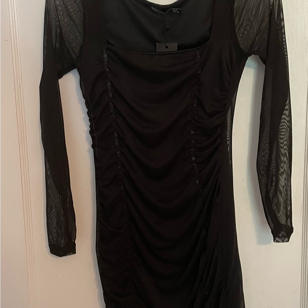 Nasty Gal Black Ruched Bodycon Dress with Long Bishop Sleeves
